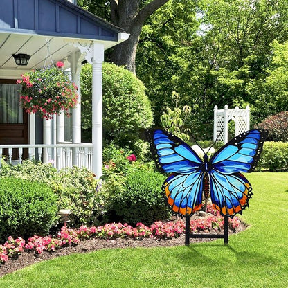 1 Pcs Spring Metal Butterfly Garden Stakes Decor 16.5 Inch Decorative Blue Butterfly Yard Stake Outdoor Insect Decor Metal Garden Art Ornaments for Patio Porch Lawn Backyard