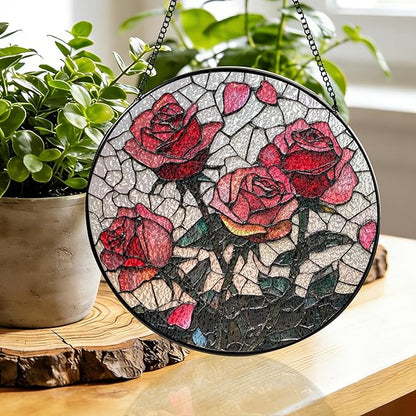 Pink Red Roses Stained Glass Window Hanging Suncatchers Valentine Roses Glass Panel Hangings Vintage Floral Window Decor Flowers Lovers Gift for Women Mom Spring Garden Nature Ornament 9.9inch