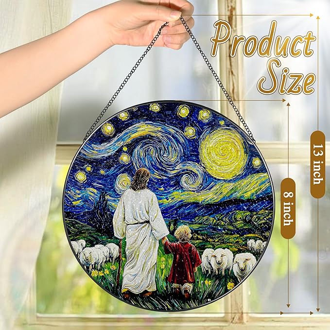 8 Inches Jesus with Child Stained Glass Suncatcher, Window Hanging Home Decor, Starry Night Ornament, Christian Gift, Religious Gifts for Her or Him, Gifts for Christmas