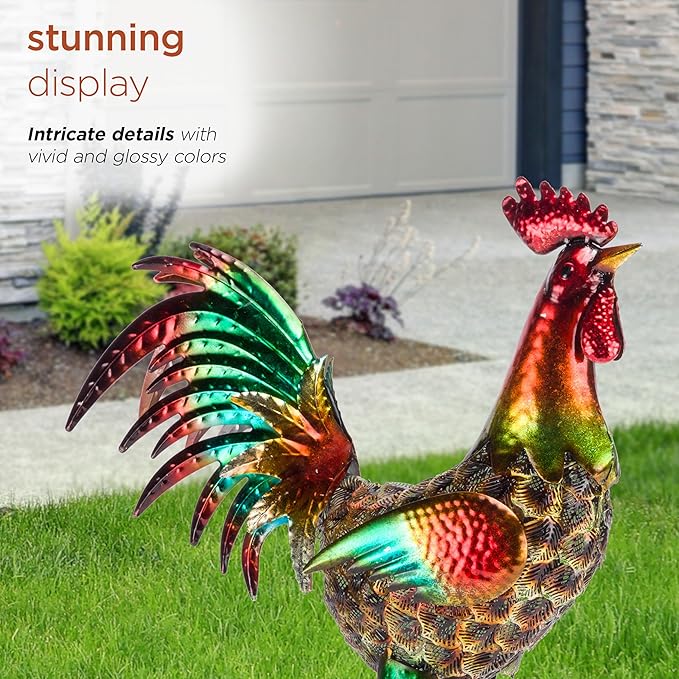 Alpine Corporation 16" Tall Outdoor Metallic Rooster Standing Yard Statue Decoration, Turquoise