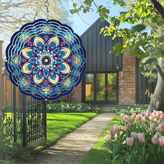 Wind Spinners Outdoor, Hanging Wind Spinner for Garden Decoration, 8 inch 3D Stainless Steel Metal Wind Sculpture for Indoor/Outdoor Decor, Mandala E