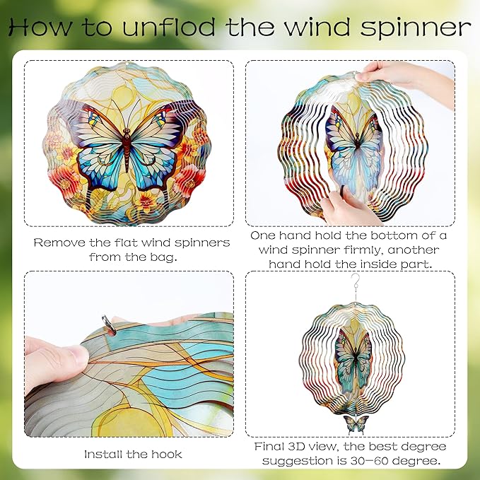 Butterfly Wind Spinners Outdoor - 3D Steel Stainless Flower Hanging Decor Garden Yard Patio Indoor Outside Art Ornaments 12 Inch Kinetic Sculpture Birthday for Women Mom Wife