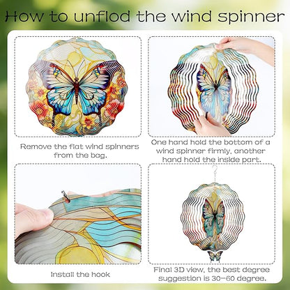 Butterfly Wind Spinners Outdoor - 3D Steel Stainless Flower Hanging Decor Garden Yard Patio Indoor Outside Art Ornaments 12 Inch Kinetic Sculpture Birthday for Women Mom Wife
