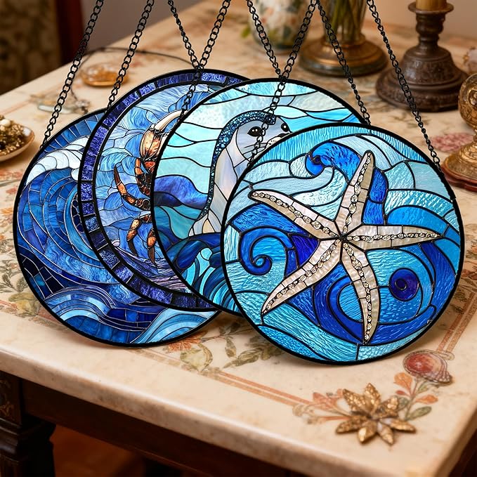 DASTOLL Stained Glass Window Hanging 4 Pcs Set Blue Ocean Waves 7.8" - Starfish Crab Seal Suncatcher Door Garden Sun Catcher Decor Birthday for Mom Woman Nana Men Friend