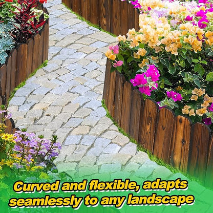 Rustic Pine Wood Garden Fence - 19.8ft Total Length (3pcs 6.6ft L*12in H) Easy to Install Sturdy Wooden Landscape Edging Border, No Fading Planter Fencing for Yard Flower Bed Lawns Pathway Tree