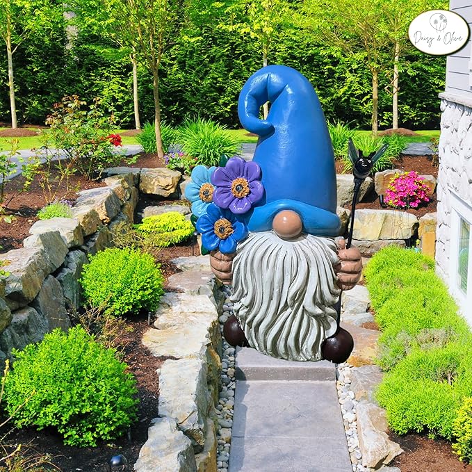 Daisy & Olive Garden Gnome | Large Solar Powered Garden Gnome Statue | Flower & Bee Lights Up | Auto On-Off | Garden Gnome for Yard | Unique Housewarming Gifts