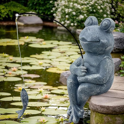 9.5" Frog Fishing Garden Sculptures & Statues, Stone Look Sculpture, Whimsical Lawn Yard Art, Funny Pond Fisherman Statue, Resin Animal Decorative Figurine, for Frog Fishing Lovers
