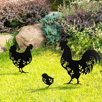 3 PCS Metal Chicken Yard Art Garden Decorative Stake Hollow Out Animals Silhouette Statue Decor, Chickens Family Silhouette Sets for Pathway, Floor, Garden, Lawn, Outdoor Decoration