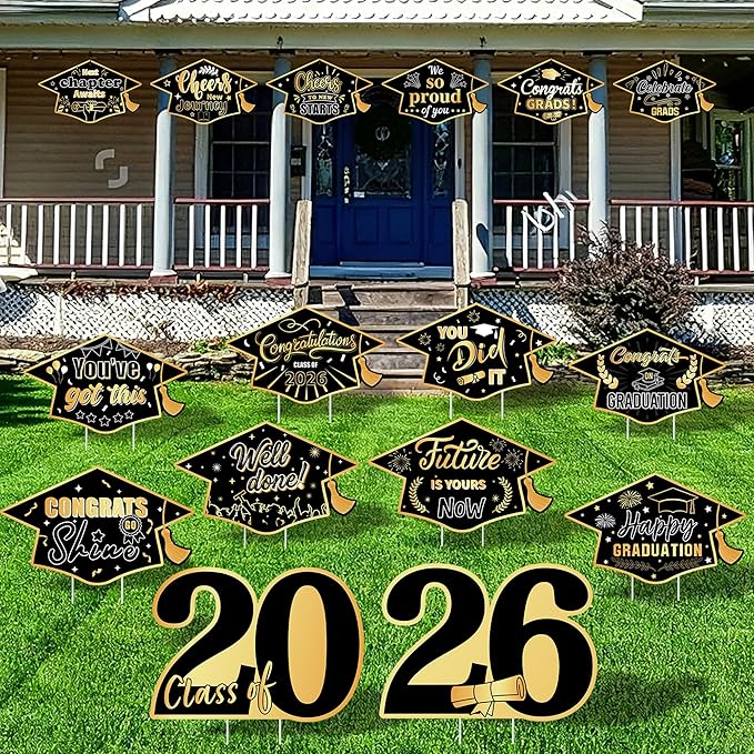 16 Pieces 2026 Graduation Yard Signs Plastic Congrats Grad Decor with 32 Stake and Ribbon Graduate Cap Hanging Yard Sign for Party Outdoor Lawn Pathway Walkway Decorations(Black and Gold)
