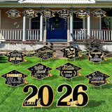 16 Pieces 2026 Graduation Yard Signs Plastic Congrats Grad Decor with 32 Stake and Ribbon Graduate Cap Hanging Yard Sign for Party Outdoor Lawn Pathway Walkway Decorations(Black and Gold)