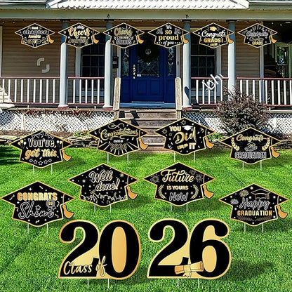 16 Pieces 2026 Graduation Yard Signs Plastic Congrats Grad Decor with 32 Stake and Ribbon Graduate Cap Hanging Yard Sign for Party Outdoor Lawn Pathway Walkway Decorations(Black and Gold)