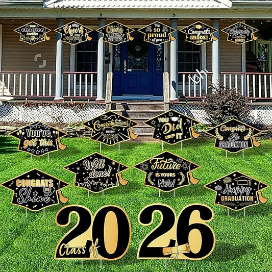 16 Pieces 2026 Graduation Yard Signs Plastic Congrats Grad Decor with 32 Stake and Ribbon Graduate Cap Hanging Yard Sign for Party Outdoor Lawn Pathway Walkway Decorations(Black and Gold)