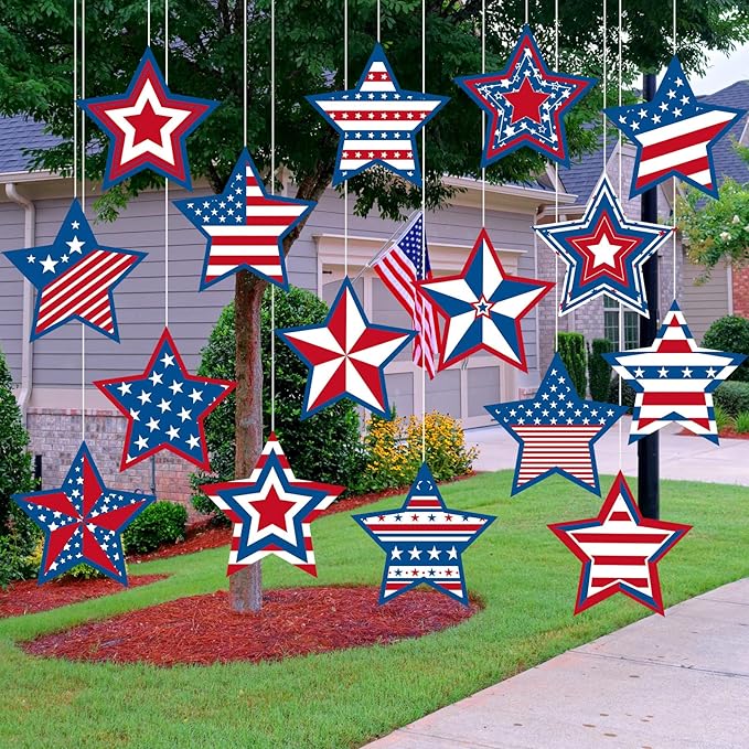 Ferraycle 16 Pcs 4th of July Decorations Outdoor Patriotic Tree Ornaments Memorial Day Hanging Ornaments Large Red White Blue Star Double Sided Plastic Slice for Tree Yard Porch Independence Day Decor