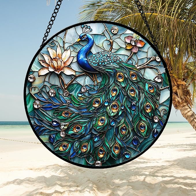 DASTOLL Stained Glass Window Hanging, Blue Peacock Decoration Suncatcher for Door Garden Home Flower Bird Sun Catchers Christmas Mother's Day Birthday Gifts for Women Men Mom Nana Friend 14.9 in