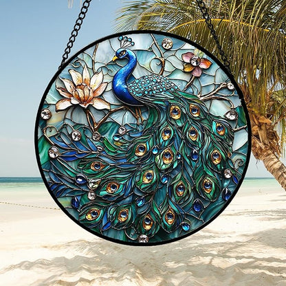 DASTOLL Stained Glass Window Hanging, Blue Peacock Decoration Suncatcher for Door Garden Home Flower Bird Sun Catchers Christmas Mother's Day Birthday Gifts for Women Men Mom Nana Friend 14.9 in