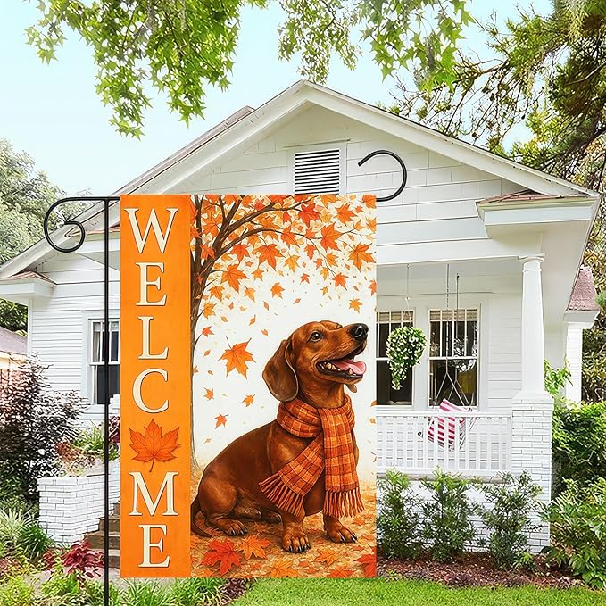 BlissYard Thanksgiving Fall Garden Flag 12x18 Inch Welcome Dachshund Outdoor Flag Double Sided Autumn Yard Banner with Dog and Maple Leaves for Porch Lawn Patio Seasonal Decor
