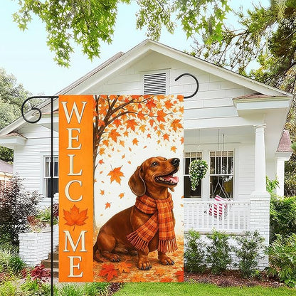 BlissYard Thanksgiving Fall Garden Flag 12x18 Inch Welcome Dachshund Outdoor Flag Double Sided Autumn Yard Banner with Dog and Maple Leaves for Porch Lawn Patio Seasonal Decor