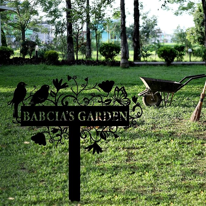 Custom Metal Garden Sign with Flowers, Personalized Garden Metal Stake with Birds, Flower Garden Name Decor, Custom sign for Outside, Customized Gardening Decoration, Yard Art, Gift for Mom, Grandmom