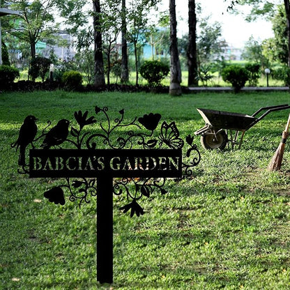 Custom Metal Garden Sign with Flowers, Personalized Garden Metal Stake with Birds, Flower Garden Name Decor, Custom sign for Outside, Customized Gardening Decoration, Yard Art, Gift for Mom, Grandmom