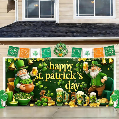 St Patrick’s Day Garage Door Banner 157.5x70.9in Large Garage Door Cover Outdoor Shamrock Leprechaun Decorations for House Exterior Party Decor with Grommets Rope