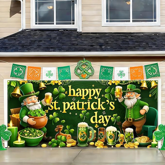 St Patrick’s Day Garage Door Banner 157.5x70.9in Large Garage Door Cover Outdoor Shamrock Leprechaun Decorations for House Exterior Party Decor with Grommets Rope