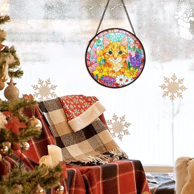 Orange Cat Suncatcher Stained Glass Window Hanging Decor Ornaments, Orange Tabby Cat Owner Memorial Sun Catchers Wall Art Gifts for Women, Floral Flower Garden Stained Glass Decor, 7.9x7.9In
