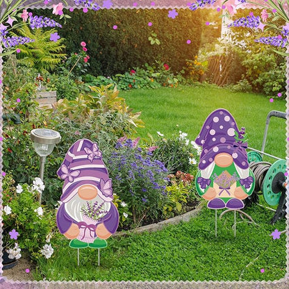 2 Pcs Easter/Spring Outdoor Decorations 16 Inch Easter Yard Signs Metal Pastel Gnome/Rustic Bunny/Lavender Garden Stakes for Home Outside Pathway Lawn Backyard Patio Farmhouse Party Decor(Lavender)