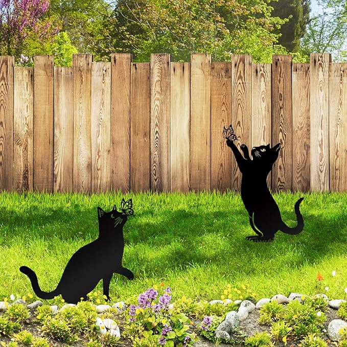 Resama Metal Cat Silhouette Outdoor- 2 Pack Black Cat Silhouette Decorative Garden Statues for Outdoor Decor, Unique Gifts for Cat Lovers, Weather Resistant Lawn Ornaments for Yard and Patio