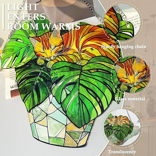 Cat Stained Glass Suncatcher Window, Hanging Sun Catchers Indoor Window, Suncatcher for Mom/Women (Monstera & Cat)