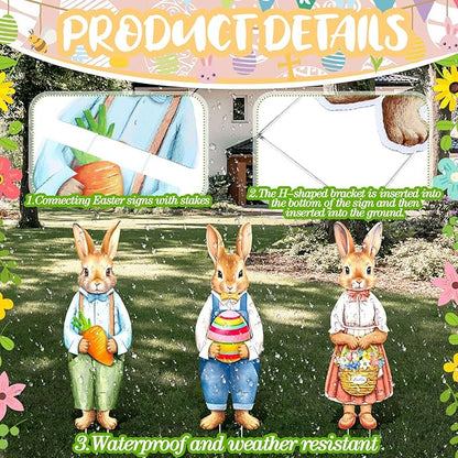 Umigy 3 Pcs Easter Yard Decor Elegant Easter Sign with Stakes 32 x 10 Inch Bunny Holding Carrots Eggs Baskets Lawn Decor Cute Yard Decoraitons for Home Pathway Walkway