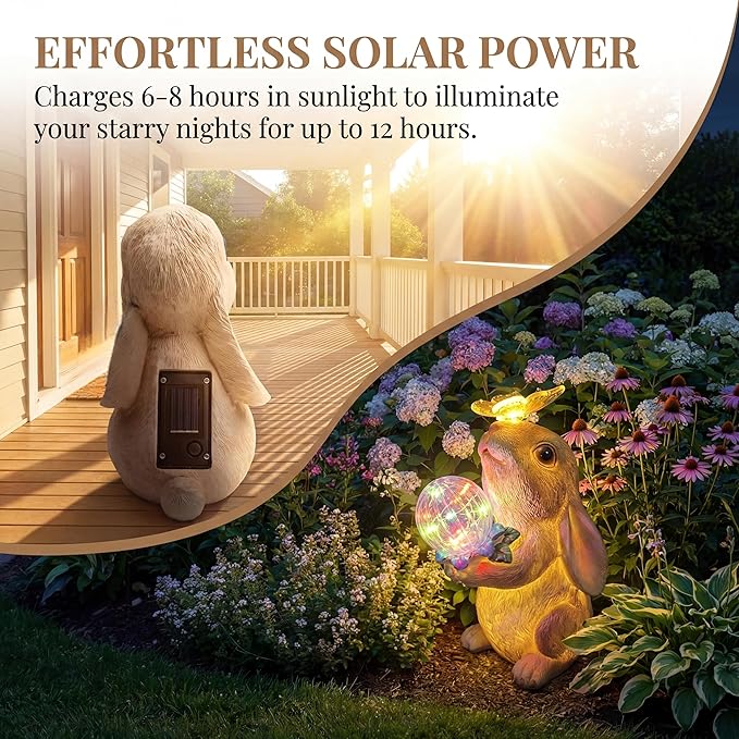 Solar Bunny Garden Statue Outdoor Decor, Glowing Rabbit Figurine with Warm Light Body, Color-Changing Butterfly and Multicolor LED Orb, for Mom Grandma Women Patio Lawn Yard