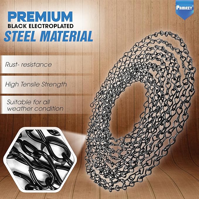 [Upgraded] 236” Black Electroplated Steel Hanging Chain with S-Hooks, Snap Hooks, Ceiling Hooks & Pliers, 33LBS Load Bearing, Adjustable Length for Hanging Bird Feeders, Planters, Lanterns, Billboards