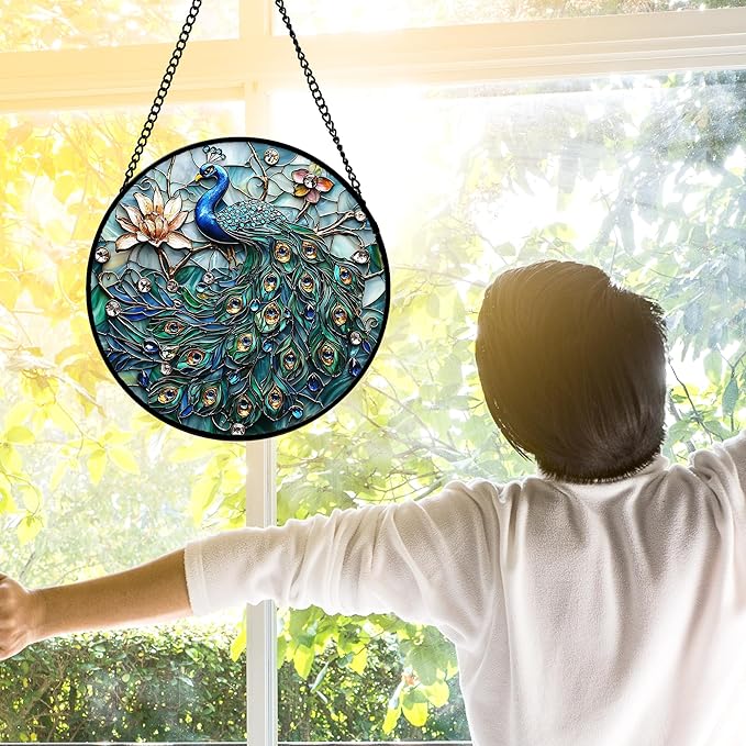 DASTOLL Stained Glass Window Hanging, Blue Peacock Decoration Suncatcher for Door Garden Home Flower Bird Sun Catchers Christmas Mother's Day Birthday Gifts for Women Men Mom Nana Friend 7.8 in