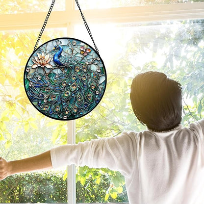 DASTOLL Stained Glass Window Hanging, Blue Peacock Decoration Suncatcher for Door Garden Home Flower Bird Sun Catchers Christmas Mother's Day Birthday Gifts for Women Men Mom Nana Friend 11.8 in