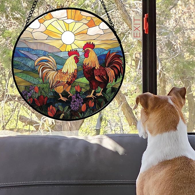 Stained Glass Window Hanging, Countryside Scenery Chicken Sun Catcher for Door Home Decor Sunrise Suncatcher Christmas Mother's Day Birthday Gifts for Women Men Mom Nana 6.3 in