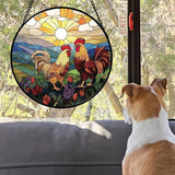 Stained Glass Window Hanging, Countryside Scenery Chicken Sun Catcher for Door Home Decor Sunrise Suncatcher Christmas Mother's Day Birthday Gifts for Women Men Mom Nana 6.3 in