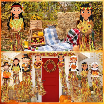 DoubleFill 8 Pcs Thanksgiving Pilgrim Outdoor Hanging Decorations with Tassels Fall Autumn Pilgrim Harvest Yard Signs for Farmhouse Festival 3.3 ft Home Lawn Yard Party Supplies Garden Decor