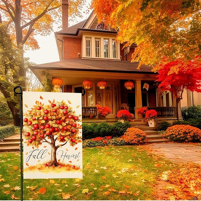 Fall Garden Flag Red Apple Fall Harvest Yard Flag Autumn Tree Maple Leaves Vertical Double Sided Garden Flags Thanksgiving Holiday House Banner Outside Decorations 12x18 Inch