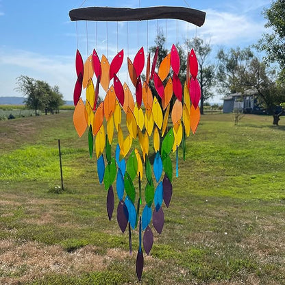 Blue Handworks Deluxe Rainbow Waterfall & Driftwood Chime, Sandblasted Glass and Found Wood Handcrafted Wind Chime