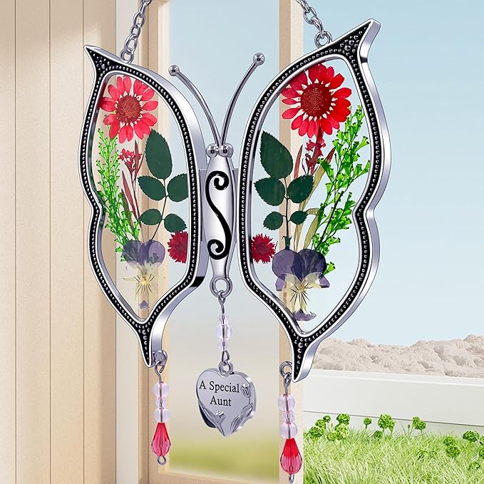 KY&BOSAM Gifts for Aunt Suncatchers for Windows Butterfly Stained Glass A Special Aunt Wind Chime with Pressed Flowers & Heart Charm Gifts for Aunt Mother's Day Wedding Home Decor