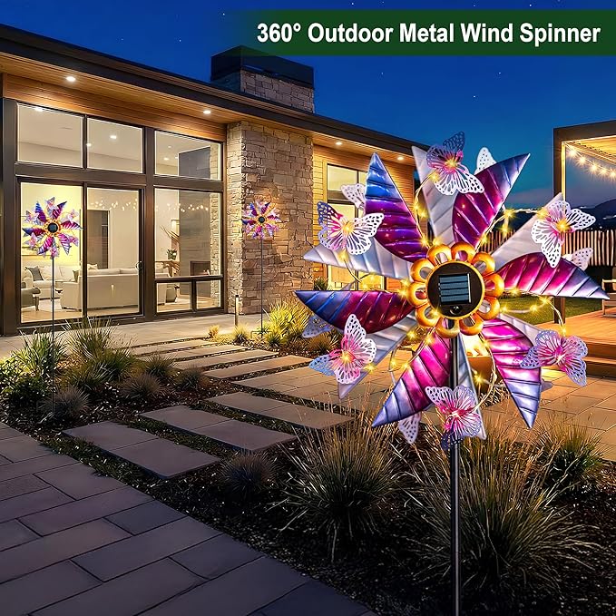 Solar Wind Spinner Outdoor Metal - Large Kinetic Garden Wind Spinners with Solar LED Lights, Waterproof Butterfly Yard Art Sculptures & Spinners for Patio, Lawn, Pathway, Backyard