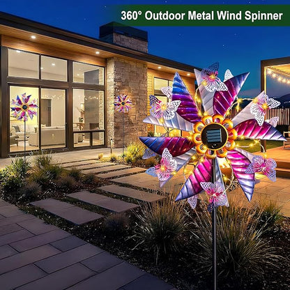 Solar Wind Spinner Outdoor Metal - Large Kinetic Garden Wind Spinners with Solar LED Lights, Waterproof Butterfly Yard Art Sculptures & Spinners for Patio, Lawn, Pathway, Backyard