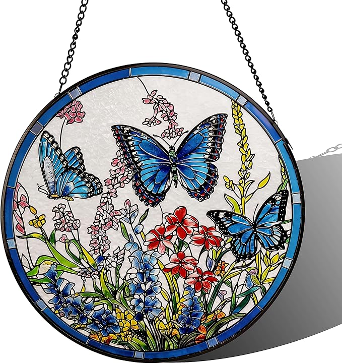 Stained Glass Sun Catcher,ButterflysStained Glass Window Hanging Garden Decor,Sun Catchers Indoor Window,Whimsical Decoration for Home Backyard Patio Lawn Porch with 7.9 INCH