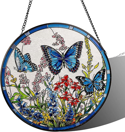 Stained Glass Sun Catcher,ButterflysStained Glass Window Hanging Garden Decor,Sun Catchers Indoor Window,Whimsical Decoration for Home Backyard Patio Lawn Porch with 6.3 INCH
