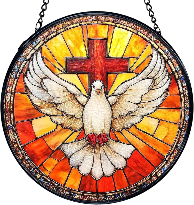 TNUW Christian Cross Bird Stained Glass Window Hanging, Cross Pigeon Bird Sun Catchers Indoor Window Glass Round Wall Art Decor, Religious Christian Wall Hanging Decorations, 7.9＂x7.9＂