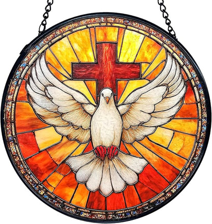 TNUW Christian Cross Bird Stained Glass Window Hanging, Cross Pigeon Bird Sun Catchers Indoor Window Glass Round Wall Art Decor, Religious Christian Wall Hanging Decorations, 7.9＂x7.9＂