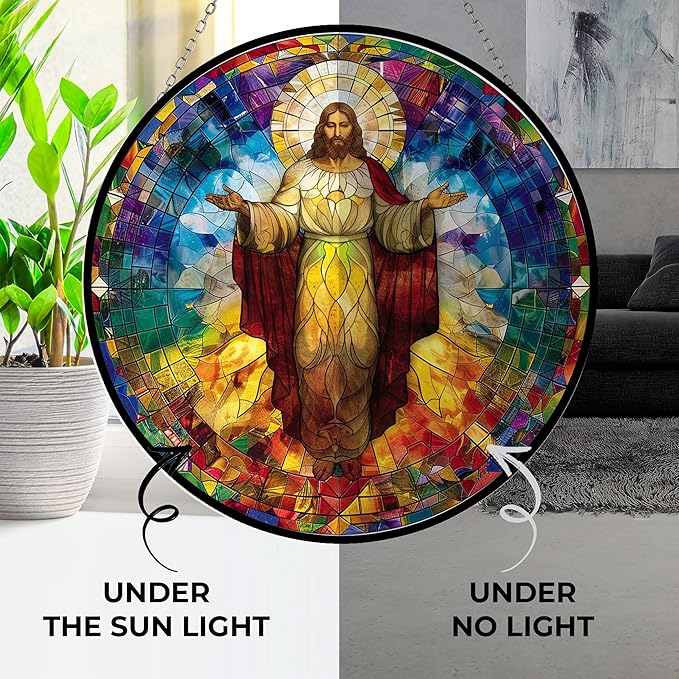 Christ Jesus Decor Stained Glass Suncatcher - Window Wall Hanging Ornament UV-Print Glass Panel Sun Catcher - Decoration for Home Garden Christmas Party Wedding Housewarming Gift