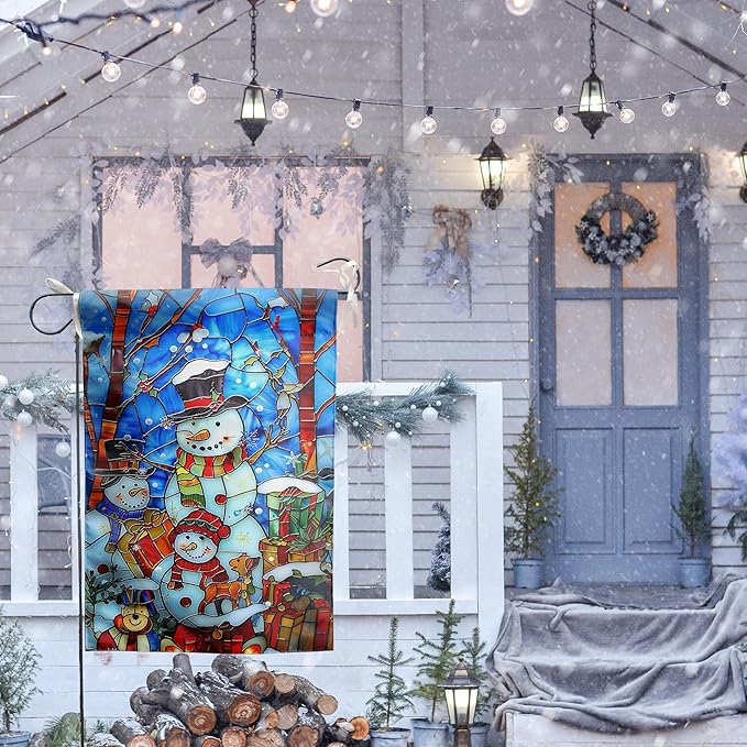Stained Glass Snowman House Flags 28 x 40 Double Sided Merry Christmas Garden Flag Hello Winter Yard Flag Happy Holidays Flag for Outside Welcome New Year Outdoor Flag Large