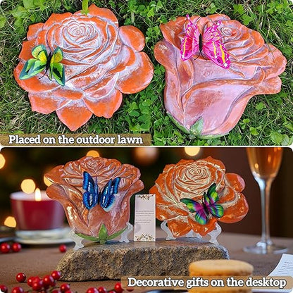 Garden Stepping Stones Outdoor Walkway – Resin Rose Flower Pavers for Path, Lawn & Backyard – Courtyard Entrance Decorative Small Statue with Artificial Flowers – Set of 2, Brown