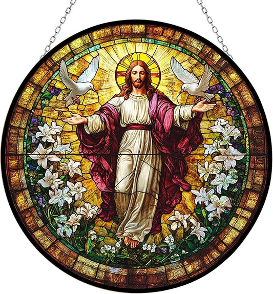Jesus Suncatcher Indoor/Outdoor Stained Glass Window Hanging Handmade Suncatchers Home Decor Garden Christmas Party Wedding Housewarming Gifts